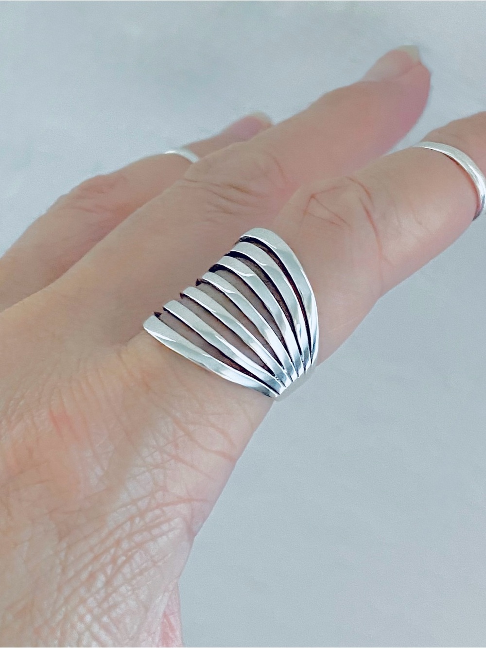Sterling Silver Multiple Lines Band Ring, Statement Boho Silver Rings - Picture 4 of 11